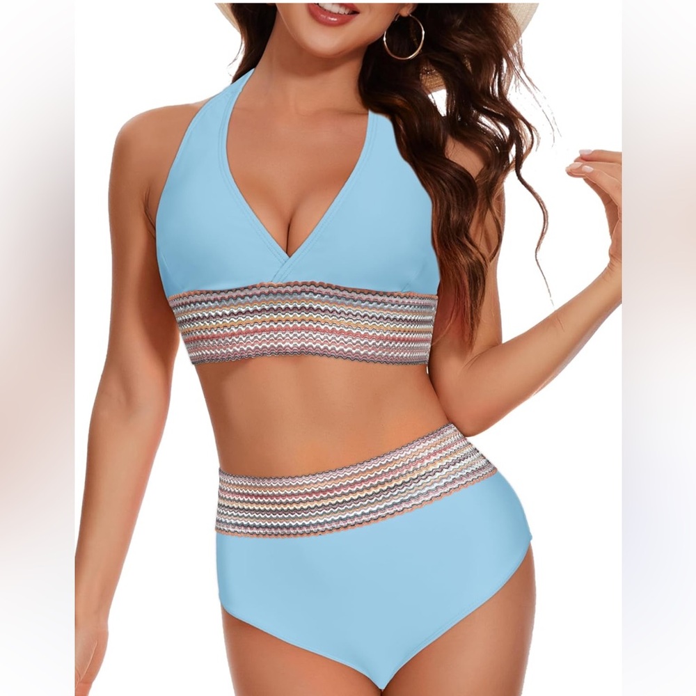 Elegant Blue Halter Bikini with Striped Accents